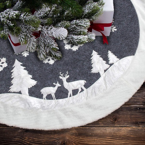 LLG Christmas Tree Cover, White Grey, Round Christmas Tree Skirt, Christmas Tree Decoration, Holiday Decoration, Christmas Tree Blanket, 92 cm, Deer and Snowflake