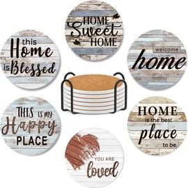 VAATOO Pack 6 Coasters Home Quote Absorbent Ceramic Coasters with Cork Base Drink Coaster Decorations Coffee Table Desk Car Kitchen Room Decor Gifts for Family Women Men On Housewarming Birthday
