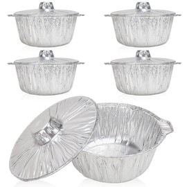 SafBbcue Disposable Aluminum Pots with Lids-2.85Quart (3 Liter) 5pcs Set，Disposable Heat Locking Cooking Containers - Freezer Air Fryer and Oven Safe - Recyclable Pot for Camping Vacation Trips,Silver