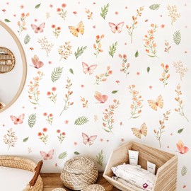 Boho Flower Wall Sticker Small Floral Wall Decals Peel and Stick Wildflower Leaf Sticker Removable Watercolor Girls Room Decal Flower Butterfly Decals for Nursery Baby Room Bedroom Decor
