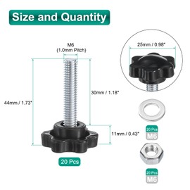 sourcing map 20pcs Star Clamping Knobs with Nuts Washers, M6 x 30mm Metric Zinc Plated Carbon Steel Male Thread 25mm 6-Star Plastic Head, Threaded Stud Hand Knobs Handles Thumb Screws, Black