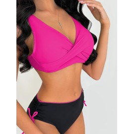 RIVAGE LINE Women's Bikini Sets Two Piece High Waisted Swimsuit V Neck Twist Front Adjustable Straps Bathing Suit (US, Alpha, Medium, Regular, Regular, Fuchsia)
