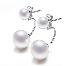 Rakumi Double Pearl Earrings Dangling Sterling Silver Two White Round Pearl Cycle Jacket Earrings (freshwater)