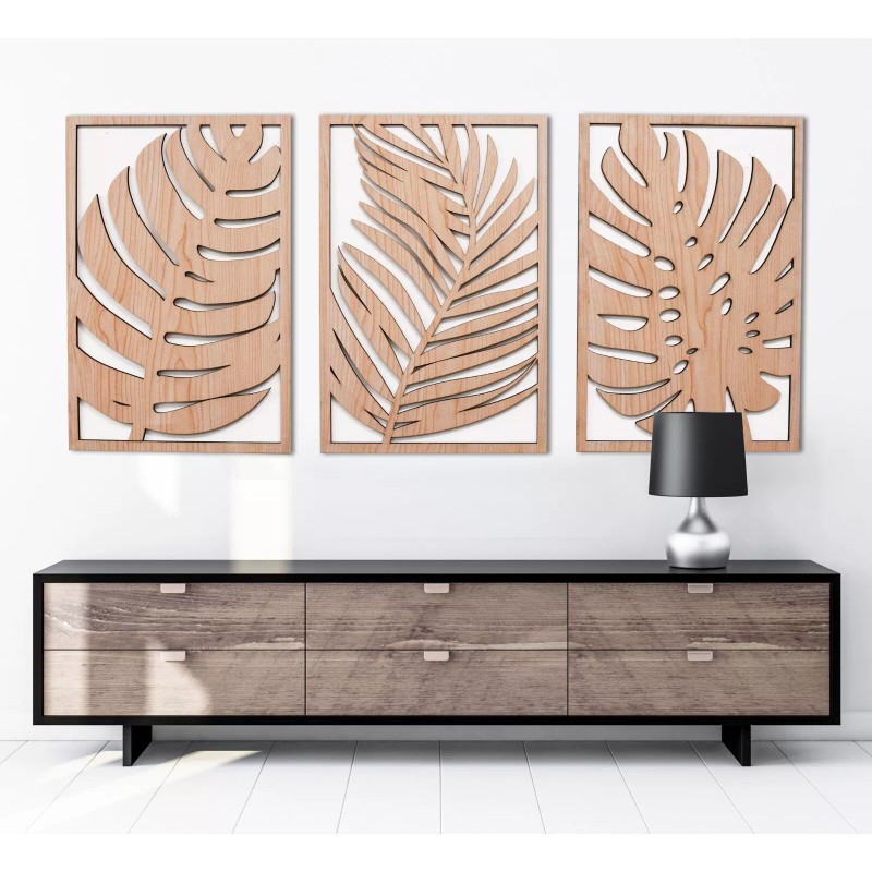 Decor Tropical Leaves Wood Wall Art, 3 Panel Set, Monstera