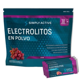 SIMPLY ACTIVE Electrolitos en Polvo | Sabor Uva - Pack de 30 | Ingredientes & Extractos Naturales bajo en Azúcar | Fibras de Prebioticos y Zinc | Suero Electrolitos con Calcio, Citrato de Magnesio y Potasio