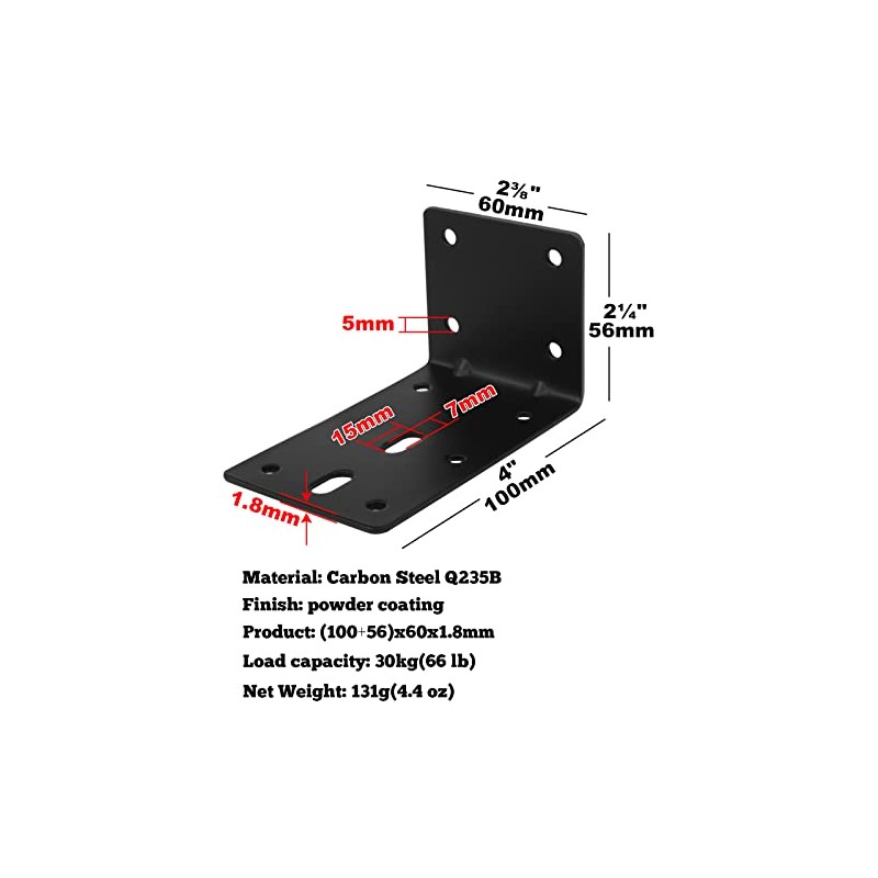 10 Pcs 4" Black Steel L Right Angle Bracket, Corner