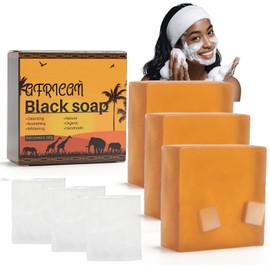 African Black Soap Organic Raw 3x 100g, Natural Black Soap Bar for Face Body, Wash Bar for All Skin Types, Clear Impurities, Fades Dark