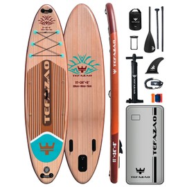 TEFAZAO 34'' Wide Inflatable Stand Up Paddle Board, 400lbs Capacity SUP Board with Premium Paddle Board Accessories, 100L Backpack, Dry Bag, Adj Paddle with for Adults (Wood)