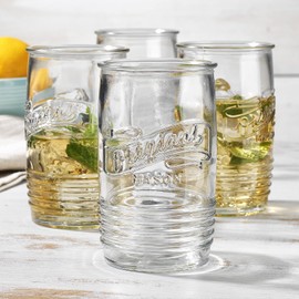 Glaver's Set of 8 Tumbler Glass Cups 20 OZ Mason Stemless Tall Drinking Glasses For Everyday Use, Modern yet Vintage Original Mason Logo Glassware for Bar, Water, Beer, Juice.