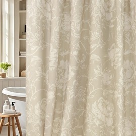 Beige Floral Shower Curtain Linen Blend, Rustic Flower Shower Curtain 72x72, Farmhouse French Country Style