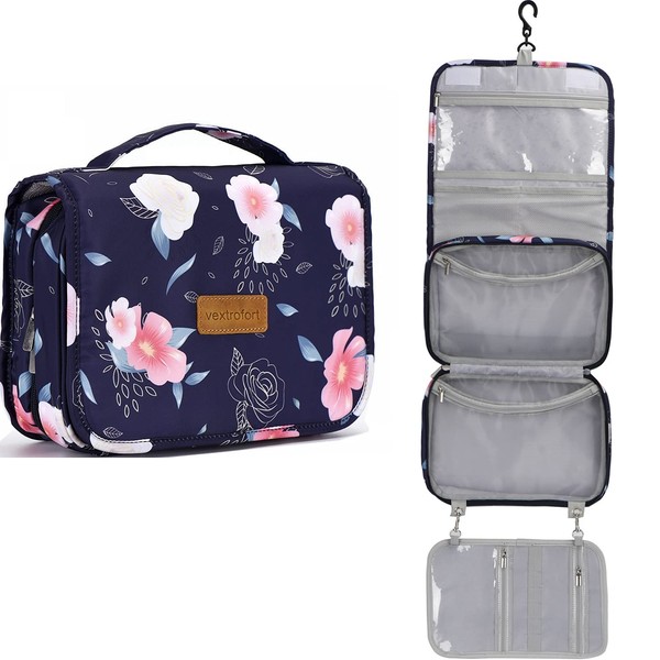 VEXTROFORT Toiletry Bag for Women Large Travel Makeup Bag Hanging Water Resistant Toiletry Cosmetic Brush Bag, Blue flowers, Expandable Travel Makeup Bag Hanging