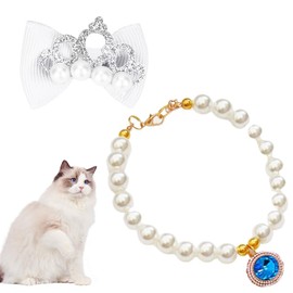 VJUYSW Pearl Collar for Cats, 1 Adjustable Pearl Collar with Pretty Charms and Small Crown for Dogs, Cats, Puppies, Kittens, Size M
