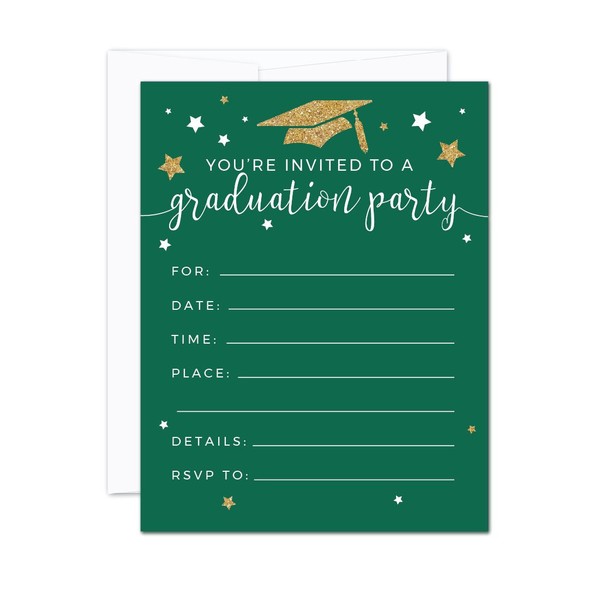 Andaz Press Emerald Forest Green and Gold Glittering Graduation Party Collection, Blank Invitations with Envelopes, 20-Pack