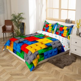 Erosebridal Construction Bedding Sets Colorful Comforter Cover 3D Building Blocks Duvet Cover Full,Kids Boys Bricks Quilt Cover Rainbow Gradient Room Decor for Teen Girls,Red Yellow Green Blue Grey