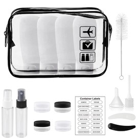 MORICOH Clear Toiletry Bag, 17PC Travel Bottles Set for Toiletries and 1 Flight Airport Security Liquid Bag(20cm x 20cm), 100ml Travel Bottles -Compliant EU & UK Hand Luggage Regulations