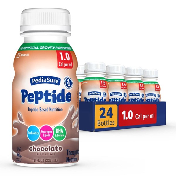 PediaSure Peptide 1.0 Cal,24 Count,Complete,Balanced Nutrition for Kids with GI Conditions,Peptide-Based Formula,with 7g Protein and Prebiotics,for Oral or Tube Feeding,Chocolate,8-fl-oz Bottle