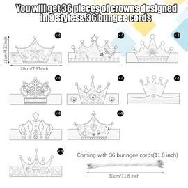 Teling 36 Pieces DIY Paper Crowns Color Your Own Crowns Coloring Birthday Crowns with Elastic Cord for Kids Adult School Classroom Craft Activity Celebration Decoration Photo Props, 9 Designs