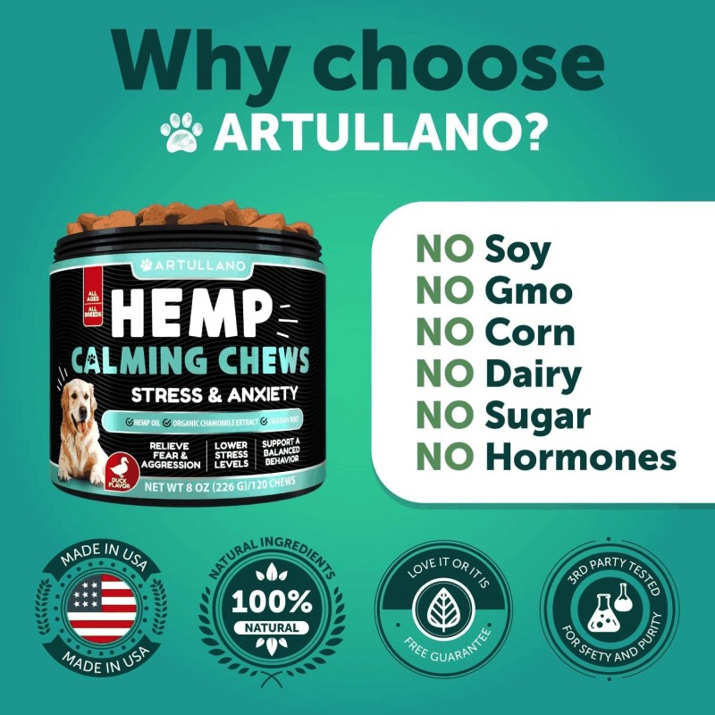 Artullano Calming Chews for Dogs Anxiety Relief Treats with Turmeric