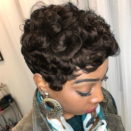 HOTKIS Pixie Cut Wig Human Hair for Black Women - Brazilian Remy Human Hair Short Brown Curly Glueless Wigs with Bangs, Natural Hair Tangle Free, Lightweight Cap & Everyday Wear (4# color)