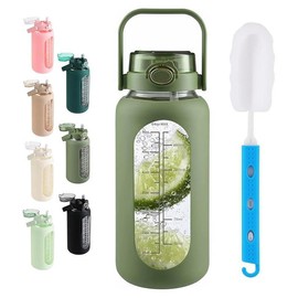 WINSA Water bottle 64oz Glass Water Bottle with Straw and Handle Lid Half Gallon Motivational Glass Bottle with Silicone Sleeve and Time Marker Large Reusable Sports Water Jug for Gym Home Workout:_Olive
