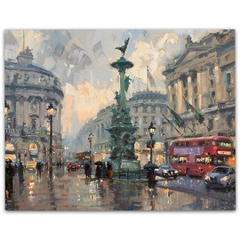 Rainy Day on Piccadilly Circus in London - 11x14 Unframed Poster - Iconic Intersection Oil Painting, Urban Cityscape, Abstract Art, Rainy Atmosphere, Moody Impressionist Artwork for Condo or Apartment