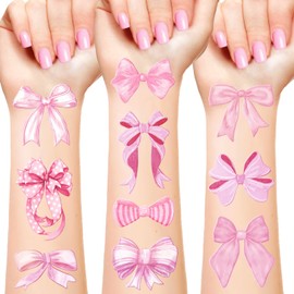 96 PCS Pink Coquette Bows Temporary Tattoos Stickers, Pink Bow Party Favors Coquette Bow Birthday Party Decorations Supplies for Kids Adults Girls Women, 16 Sheets