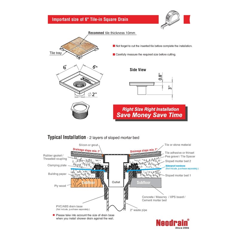 Neodrain Square Shower Drain with Removable Tile insert Grate, 6-Inch,