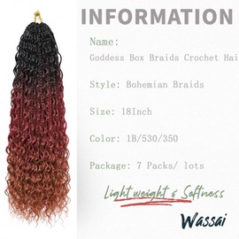 Wassai Paquete De 7 Trenzas De Caja De Diosa De 18", Trenzas De Caja De Ganchillo Bohemias Con Extremos Rizados, Trenzas De Ganchillo Preenrolladas Para Mujeres, Extensiones De Cabello Trenzado Sintét