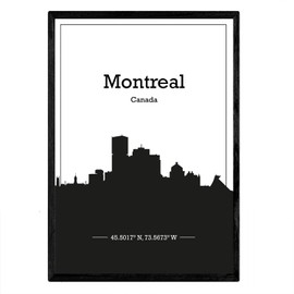 Nacnic Poster mit Karte von Montreal - Kanada. Drucke mit Skyline der Städte der Vereinigten Staaten, Kanada, Mexiko mit schwarzem Schatten. A4-Größe mit Rahmen
