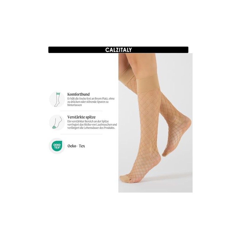 CALZITALY 2 Pairs Knee Fishnet Stockings Large Hole Pattern Black
