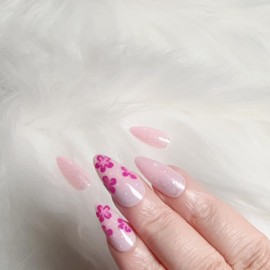 Girl pink cherry blossom Almond Press-on nails 24pcs 12size Glossy Floral flase Nails