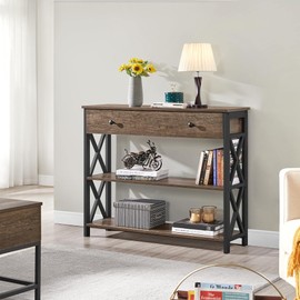 Yaheetech TV Stand, Entertainment Center with Drawer, Media Console Table for TV up to 45 inch, TV Console Table with Open Storage Shelves for Living Room/Hallway, Metal Frame, Taupe Wood