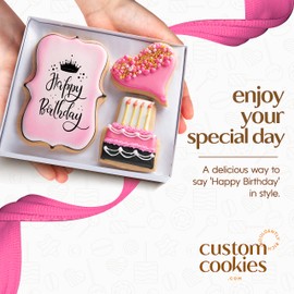 Custom Cookies Happy Birthday Gift Basket Custom Sugar Cookies - Happy Birthday Cookies in Gift Box, Hand Decorated Kosher Treats for Women, Her, Wife - Bakery & Dessert Gifts as a Birthday Cake