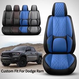 DuDuWang Car Seat Cover Custom Fit for Dodge Ram 1500 2500 3500 2002-2025 Faux Leather Seat Cover Set Compatible with Crew Quad Regular Cab Pickup Truck Cushions (Black & Blue, Front Seat)