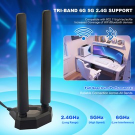 Kaunosta WiFi 6E Antenna Tri-Band 2.4GHz 5Ghz 6Ghz Magnetic Base Gaming WiFi Antenna with 6.5ft Extension Cable for PC Desktop Computer Motherboard WiFi Bluetooth Card USB Adapter Wireless Router