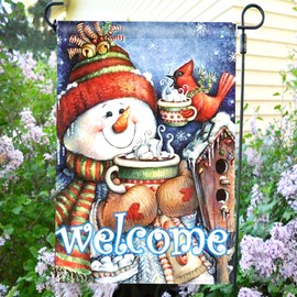 Anley |Double Sided| Premium Welcome Winter Garden Flag, Snowman Bird Snowflake Decorative Garden Flags - Weather Resistant & Double Stitched - 18 x 12.5 Inch