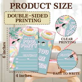 JUPXB Pool Birthday Invitations, Summer Birthday Party Invitations for Boys Girls, Pool Party Supplies, 20 Double-Sided Fill-In Party Invite Cards with 20 Envelopes 4X6 Inch-D09