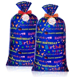 Teling 2 Pcs 70"x 40" Extra Large Jumbo Gift Bags Plastic Present Giant Wrapping Bags with 2 Cord Tie and 2 Gift Tags for Birthday New Year Party Supplies(Birthday Style)