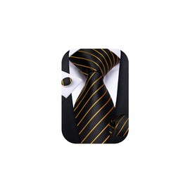 DiBanGu Black Gold Tie Mens Silk Pocket Square Cufflink Set Formal Meeting Business