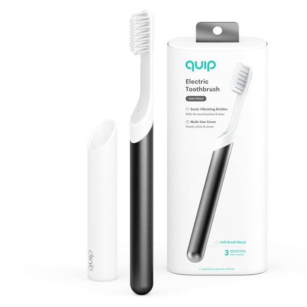 Quip Adult Electric Toothbrush - Sonic Toothbrush with Travel Cover & Mirror Mount, Soft Bristles, Timer, and Metal Handle - Slate