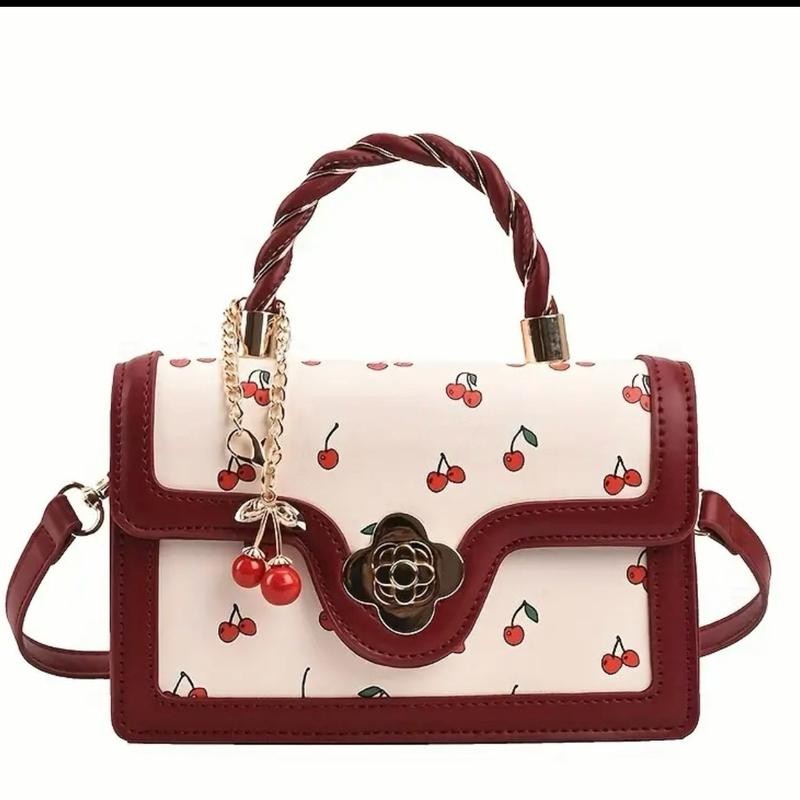 Women's Cherry Print Handbag with Zipper Closure designer bags -