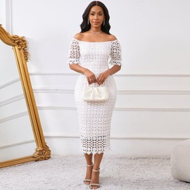 Cololura Women Elegant Floral Lace Mesh Short Sleeve Formal Evening Gown Party Bodycon Pencil Dress