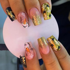 Christmas Press on Nails Medium Square Fake Nails Cute Snowman Winter Nails Christmas Glue on Nails Gold Black Christmas Stick on Nails with Designs Acrylic Nails for Women Manicure Decorations 24Pcs