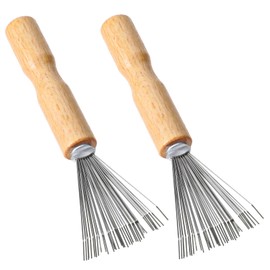 2 Pieces Hair Brush Cleaner Tool Portable Comb Cleaning Tool with Metal Wire Rake and Wooden Handle, Mini Hair Dirt Remover Brushes for Home and Salon Use (Grooved Handle)