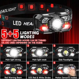 Northlet Headlamp Rechargeable 6Pack, 3000 Lumen Ultra-Light Bright Headlamp Flashlight with White Red Light, LED Headlight Motion Sensor, 5+5 Mode for Outdoor Camping Fishing Running Hiking (6)