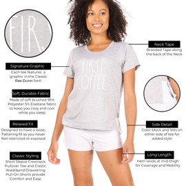 Rae Dunn Women's Sleepwear, FIRST COFFEE Short Sleeve Top and Shorts Womens Pajama Sets, Soft summer loungewear, Light Gray, Large