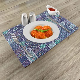 ABAKUHAUS Ethnic Place Mats, Traditional Mosaic Tiles, Washable Fabric Dining Room Kitchen Table Decoration, Digital Print, Indigo Green