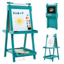 HONEY JOY Art Easel for Kids, Foldable Height Adjustable Double-Sided Toddler Easel w/Magnetic Whiteboard & Chalkboard, Paper Roll, Storage Trays, Wooden Kids Easel for Boys Girls Aged 3+ (Green)