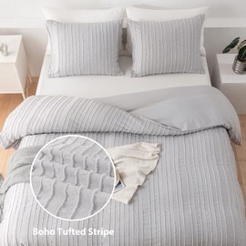 WARMDERN Light Grey Boho Duvet Cover King Size, Striped Textured Duvet Cover Set Tufted Bedding Set, 3 Pcs Ultra Soft Washed Microfiber Duvet Cover with Zipper Closure (King, Light Grey)
