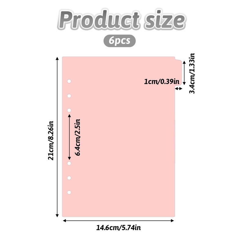 6 Pcs A5 Binder Dividers, 6 Holes Pink Clear Binder
